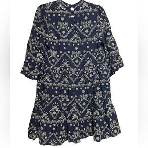Penelope Rose Navy Blue Boho Embroidered Tiered Mini Dress Size Small
